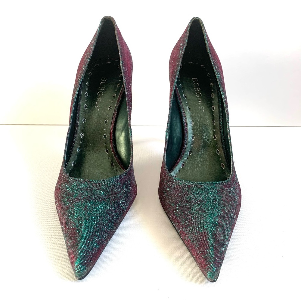 BCBGirls Green Purple Iridescent Sparkle Heels